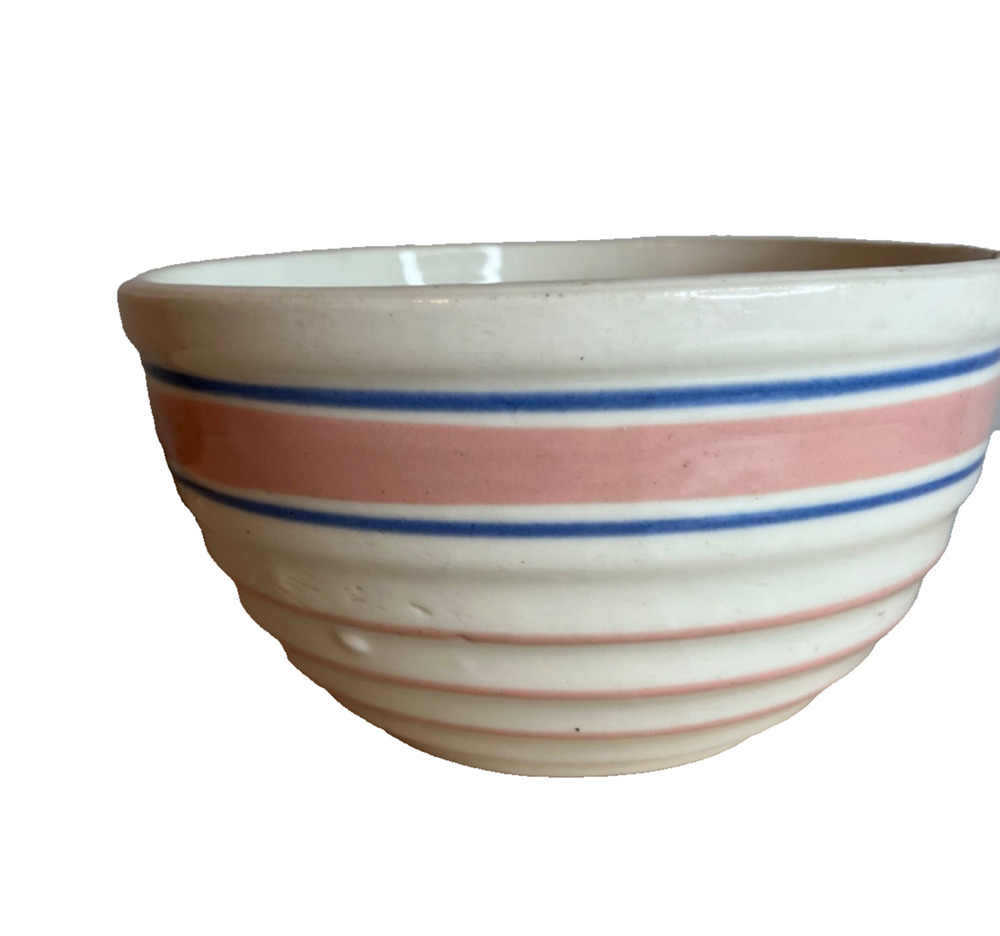 Vtg 1940’s McCoy Pottery Ribbed Round Pink/Blue Stripe Beehive Mixing Bowl 9’
